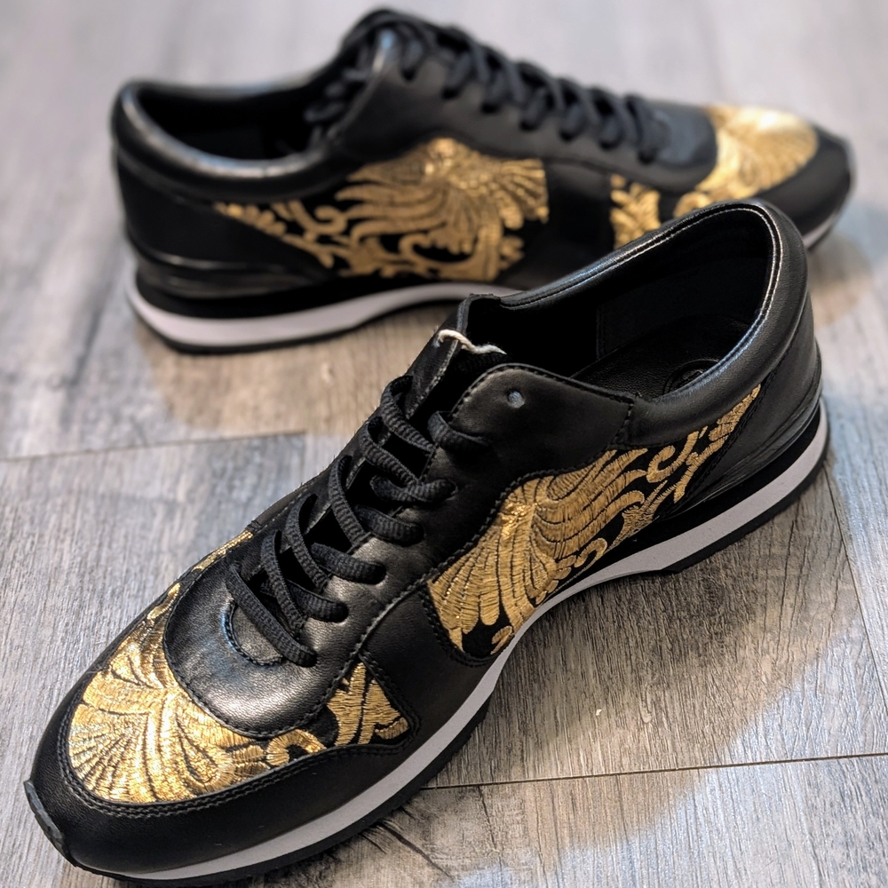 Tory Burch Black and Gold Ornate Sneakers